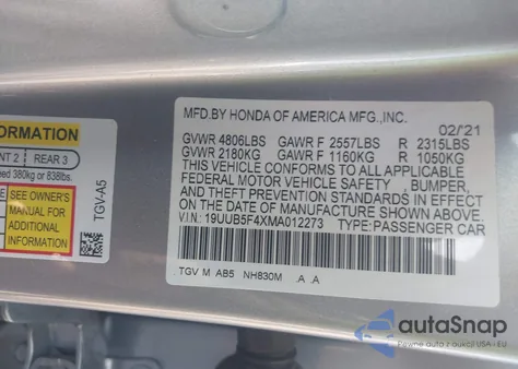 2021 Acura Tlx Technology Package from USA, damaged, VIN 19UUB5F4XMA012273